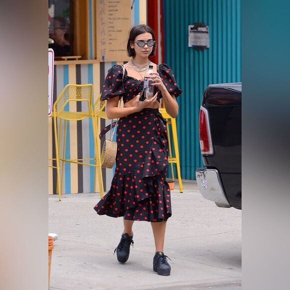 Marianna Senchina Two-Piece Black Polka Dot Bow Top Ruffled Midi Skirt Size M - Picture 8 of 15